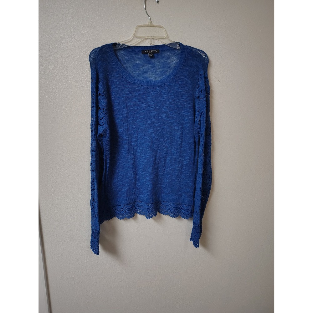 Sharagano Womens Royal Blue Crochet Lace Trim Knit Sweater Scoop Neck Large